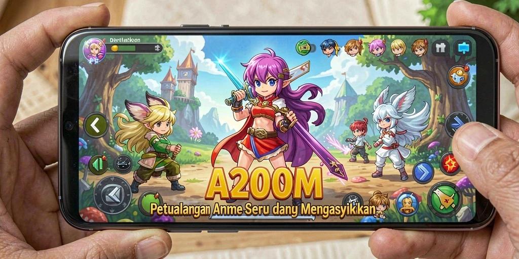 Screenshot gameplay A200M yang menampilkan aksi pertarungan karakter Anime.