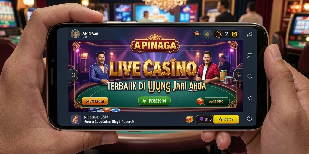 Screenshot gameplay APINAGA dengan dealer dan meja permainan yang menarik.