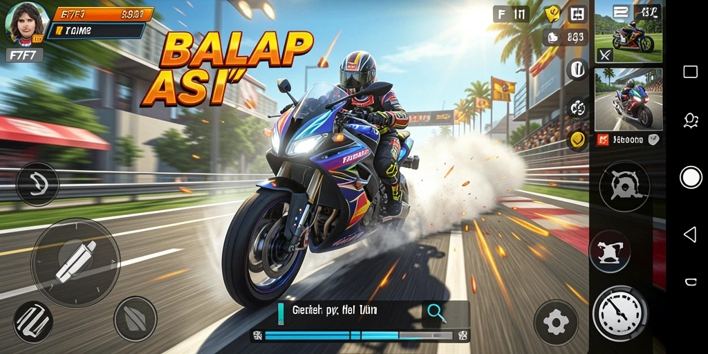 Gameplay F7F7 dengan motor balap di trek menantang.