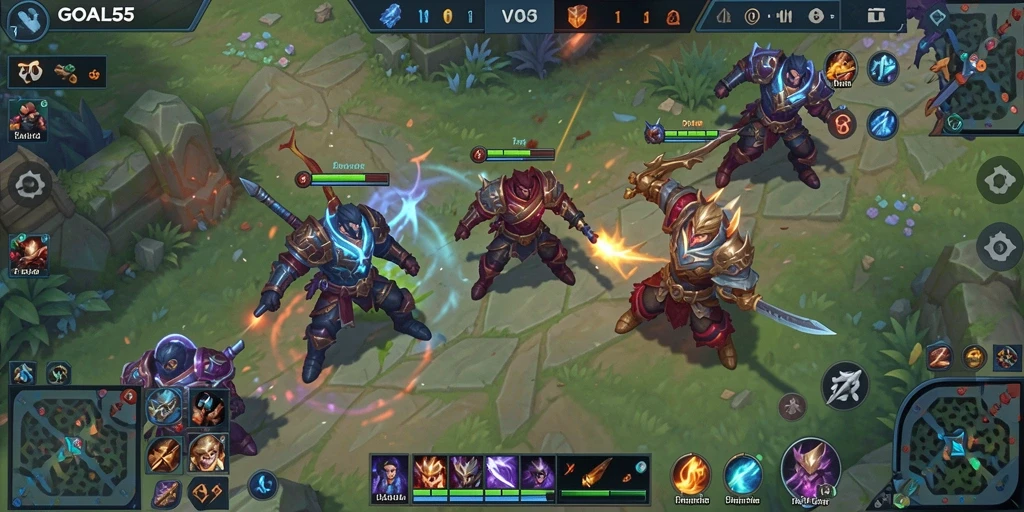 Screenshot gameplay GOAL55 menampilkan pertarungan seru di arena MOBA.