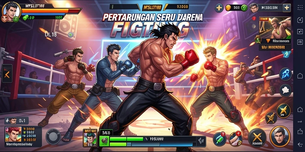 Screenshot gameplay <strong>MYSLOT188</strong> menampilkan pertarungan seru antara karakter-karakter unik.