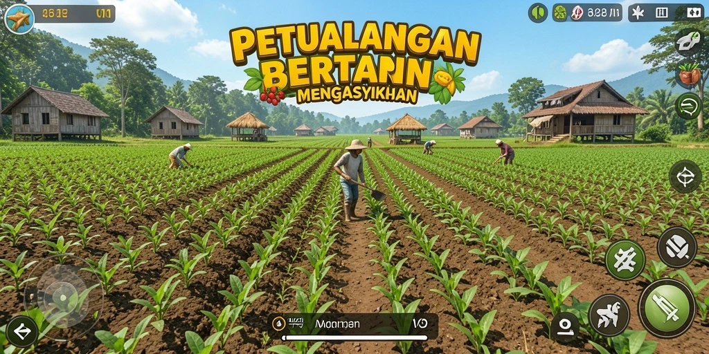 Tampilan utama gameplay V21 menampilkan ladang yang subur dan aktivitas bertani.